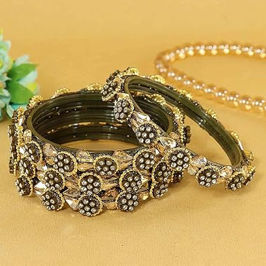 Mehandi Glass Bangle Kundan & Zircon Stone Bangle- Pack of 4