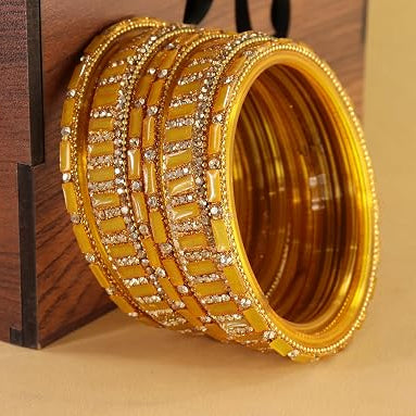 Glass Bangles Kada Set with Zircon Stone Work - Pack of 6