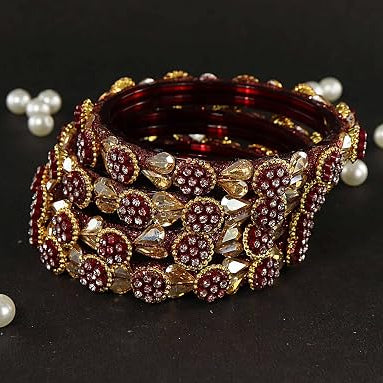 Maroon Glass Bangle Kundan & Zircon Stone Bangle- Pack of 4