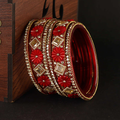 Red Premium Designer Kundan Stone Floral Kada- Set of 6