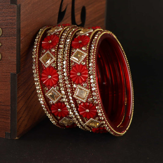 Red Premium Designer Kundan Stone Floral Kada- Set of 6