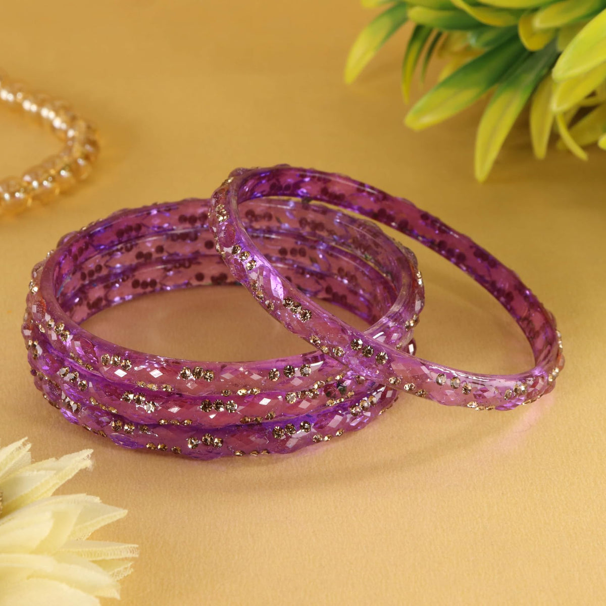 Lavender Glass Bangles Set with Crystal Stone Work - Set of 4