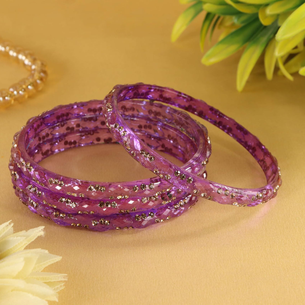 Lavender Glass Bangles Set with Crystal Stone Work - Set of 4