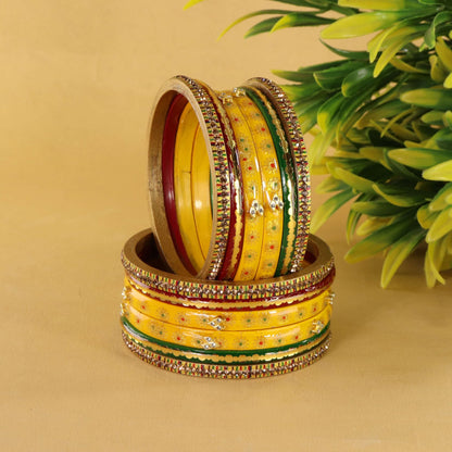 RGY Designer Bridal Gold Floral & Stone Bangle Set - Pack Of 12
