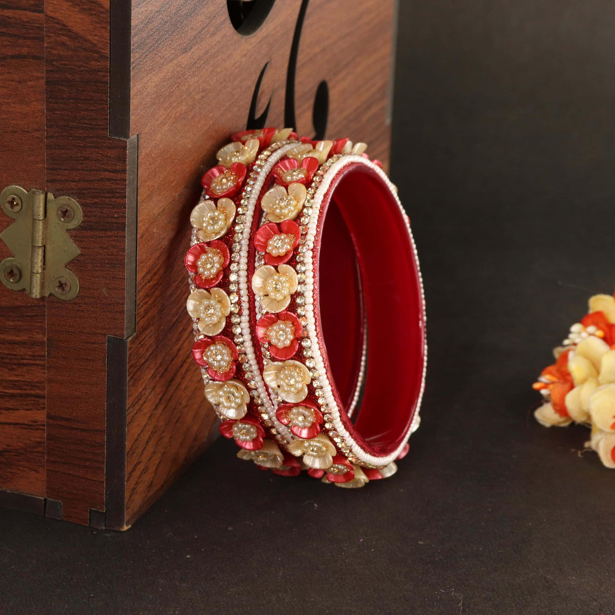 Red Premium Floral Pearl Studded Kada Set - Set of 2