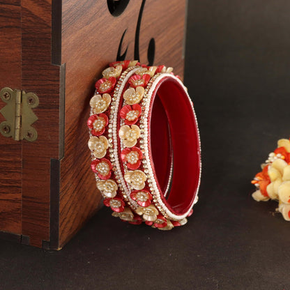 Red Premium Floral Pearl Studded Kada Set - Set of 2