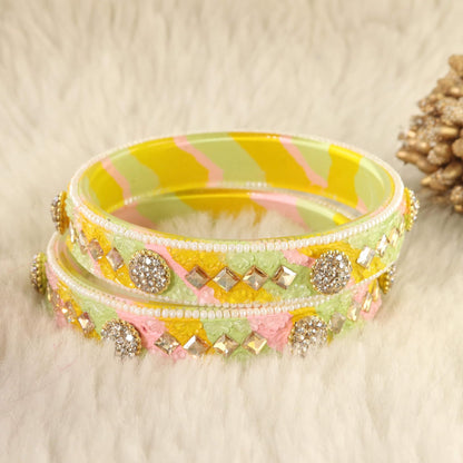 L.Multi Floral Embossed Pattern with Square Stone Kada- Set of 2