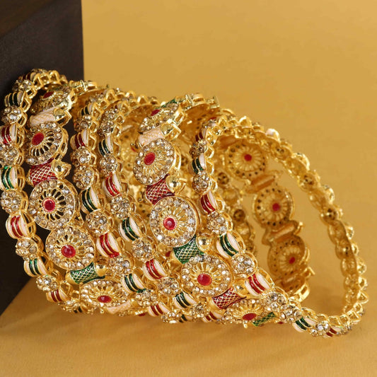 Traditional Rajwadi Design Kangan | Golden Multicolour Girls' Bangles For Wedding, Party, Occasion- Set of 6 Bangle
