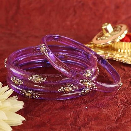 Glass Bangles Set With Crystal-Zircon Stone & Floral Work- Pack of  4