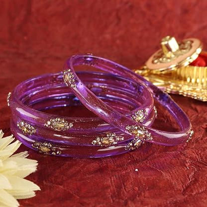 Glass Bangles Set With Crystal-Zircon Stone & Floral Work- Pack of  4