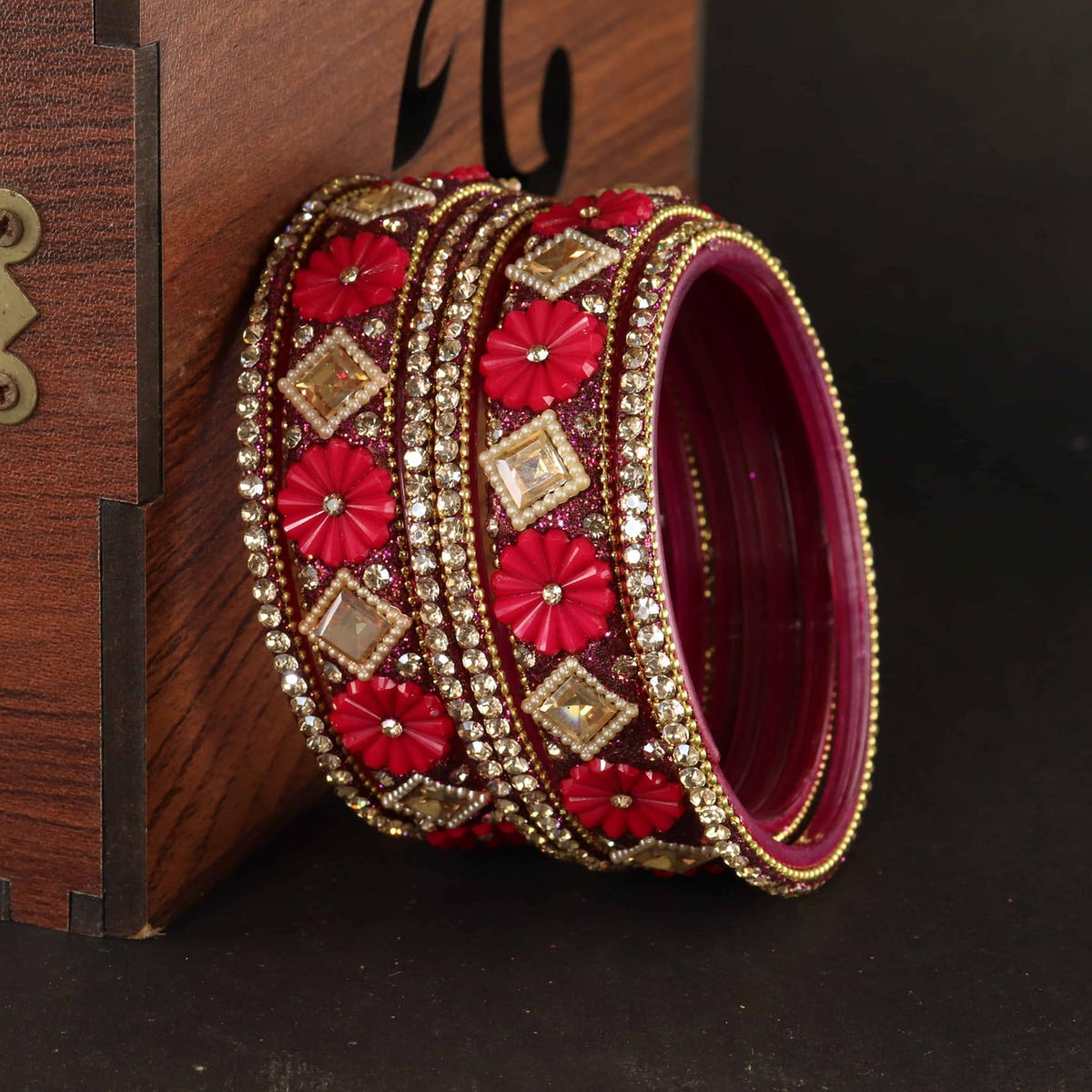 magenta Premium Designer Kundan Stone Floral Kada- Set of 6