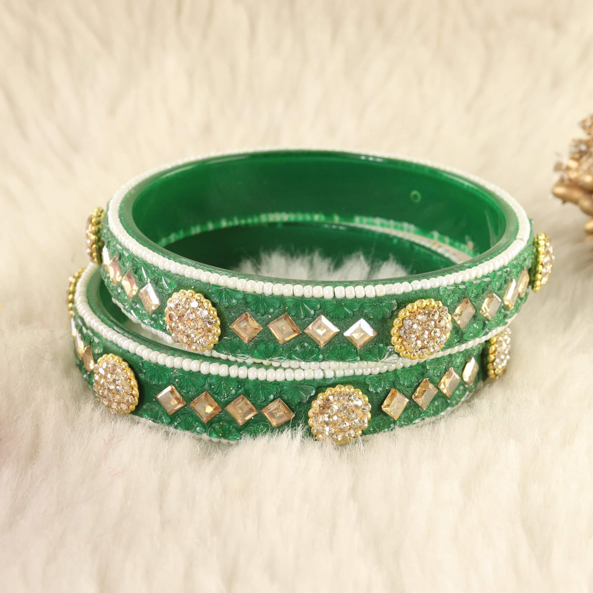 Green Floral Embossed Pattern with Square Stone Kada- Set of 2