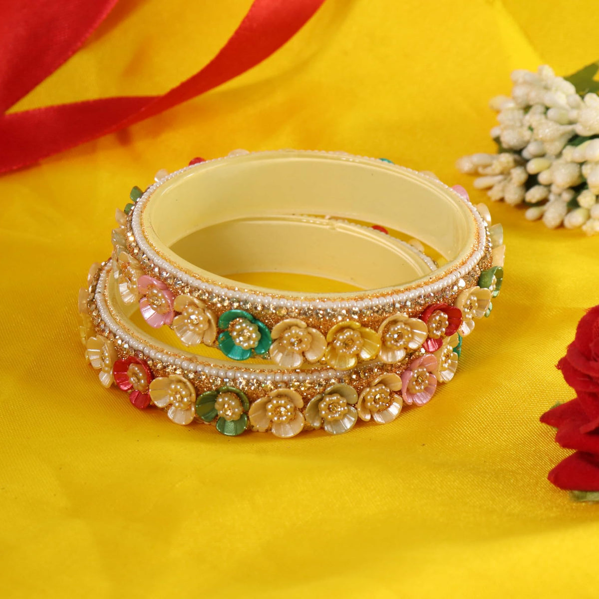 Multi Premium Floral Pearl Studded Kada Set - Set of 2