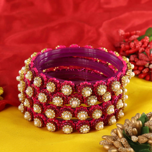 Magenta Gold-Tone Kundan & Pearl Stone Work - Set of 4