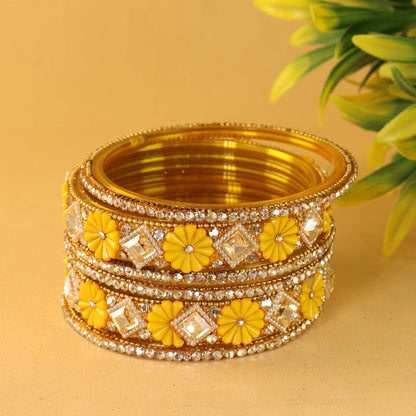 Yellow Premium Designer Kundan Stone Floral Kada- Set of 6