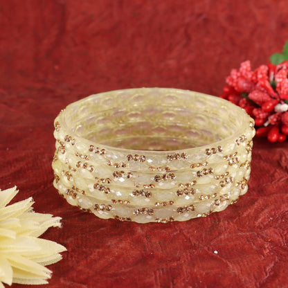 Cream Glass Bangles Set with Crystal Stone Work - Set of 4