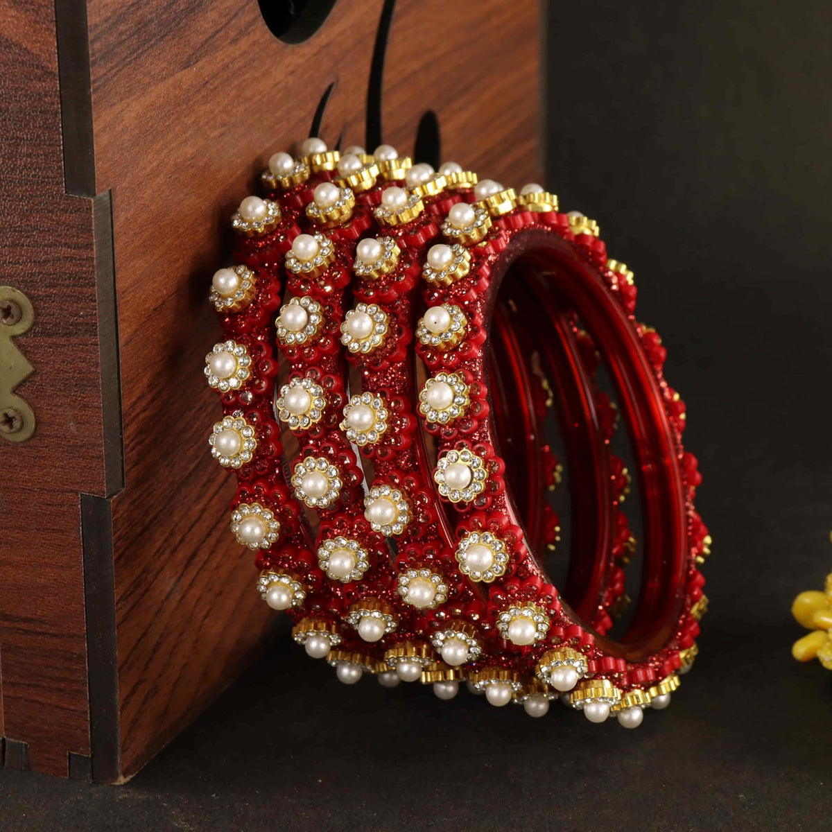 Red Gold-Tone Kundan & Pearl Stone Work - Set of 4