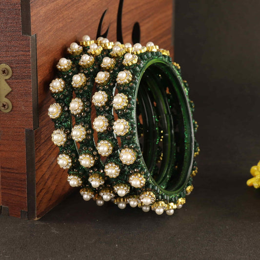 Green Gold-Tone Kundan & Pearl Stone Work - Set of 4