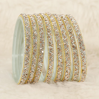 Silver Glass Bangles Set For Girls and Women Studded Zircon Gemstone and Beads I women bangles I (Pack of 8