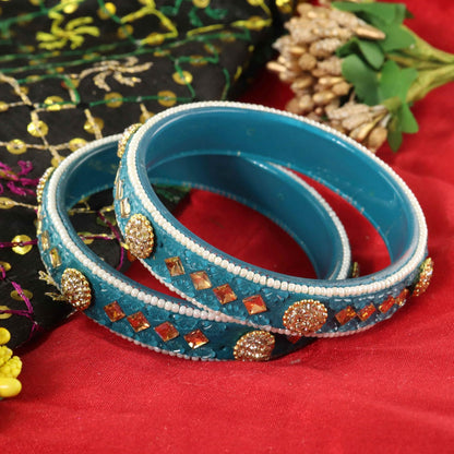Redium Floral Embossed Pattern with Square Stone Kada- Set of 2