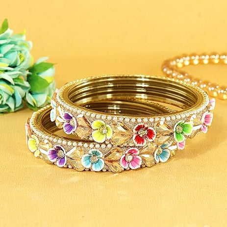 Floral Stone Work Glass Bangles & Gold Plated Multicolor Flower- Pack of 2
