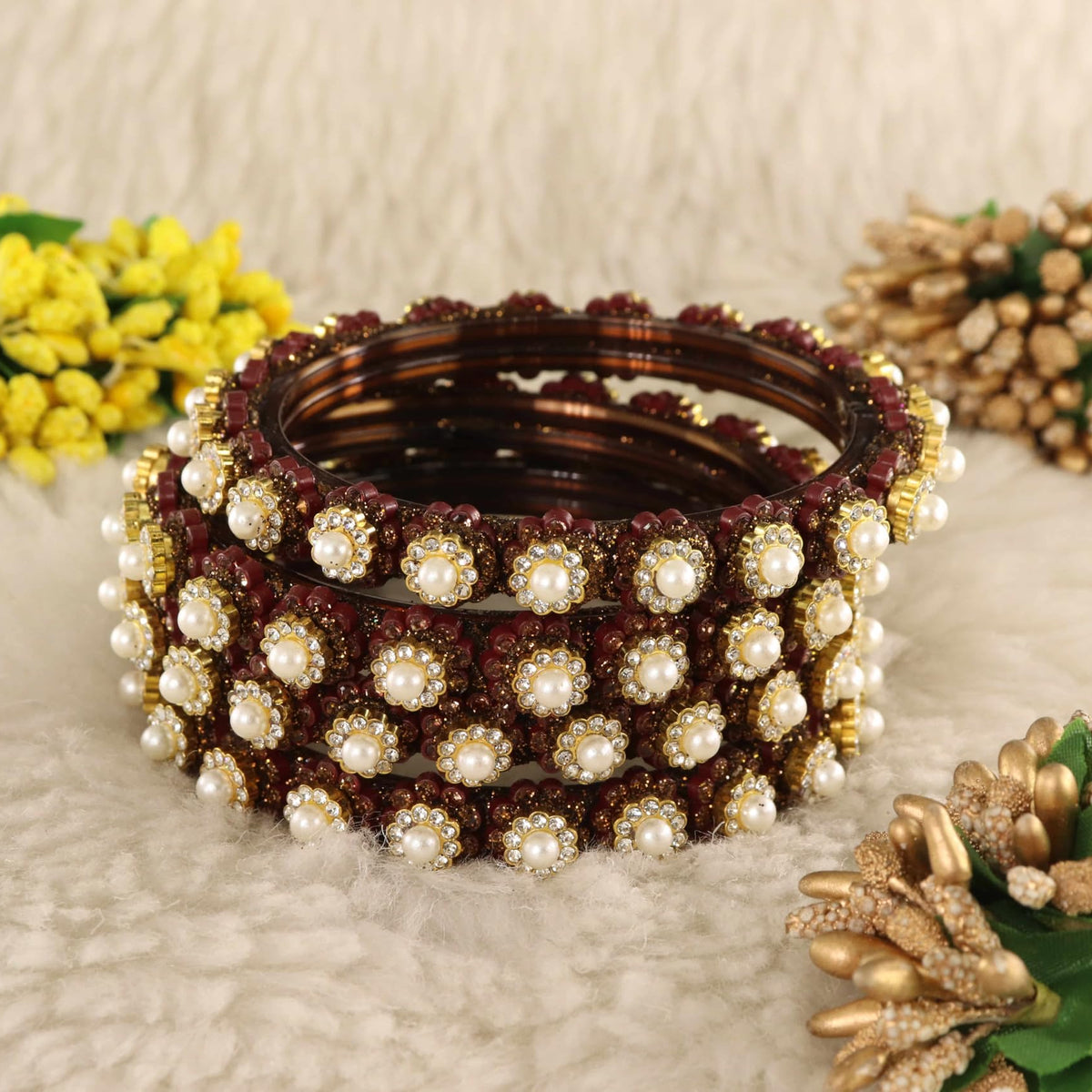 CoffeeBrown Gold-Tone Kundan & Pearl Stone Work - Set of 4