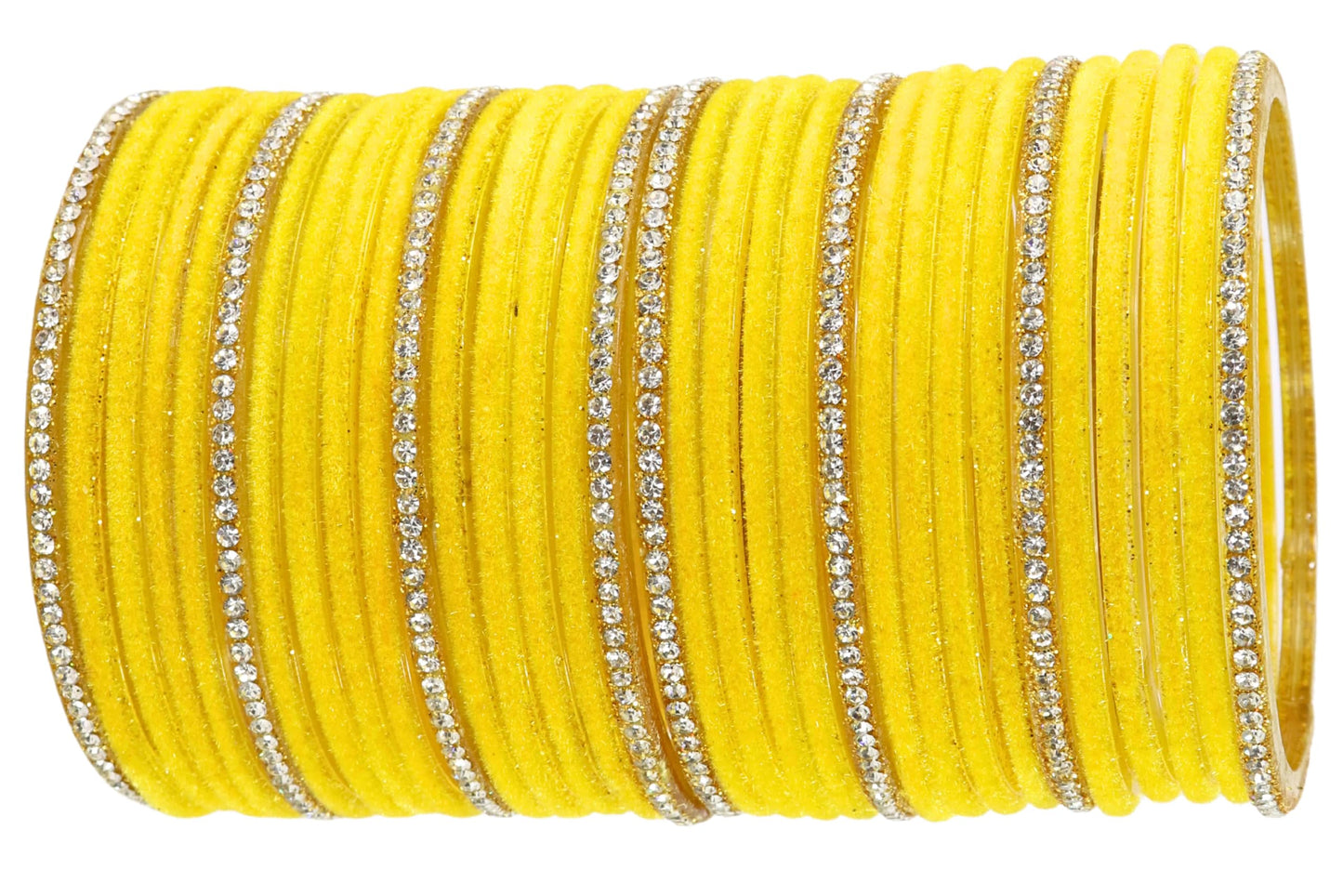Yellow Velvet & Glass Bangles Set with Stone Work – Pack of 32