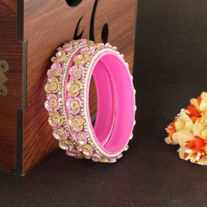 Pink Premium Floral Pearl Studded Kada Set - Set of 2
