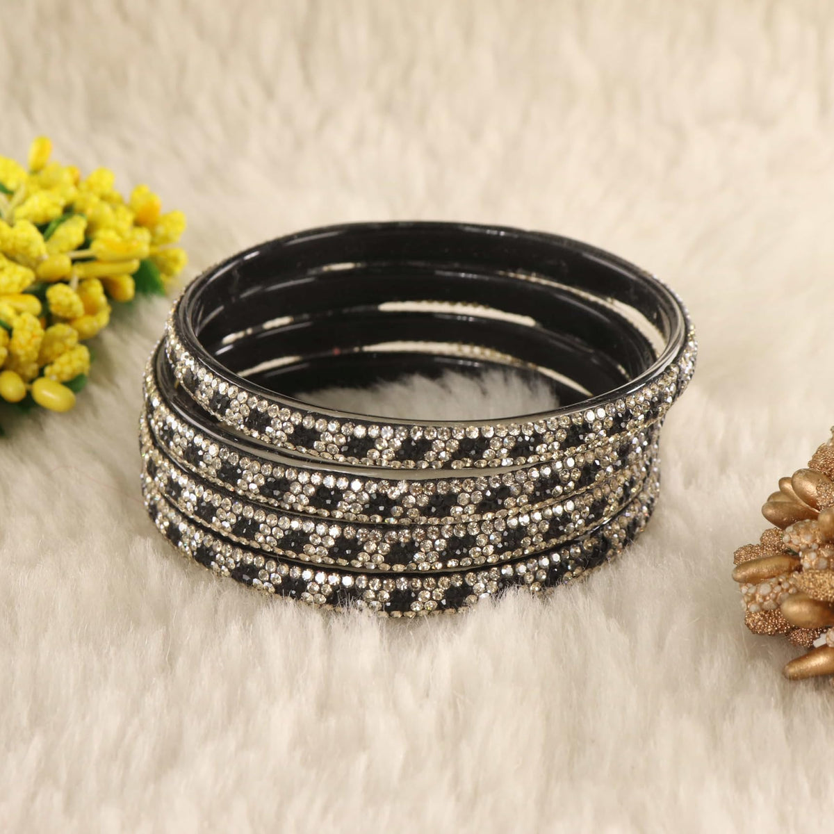 Black Premium Stone Studded Kada Set - Set of 4