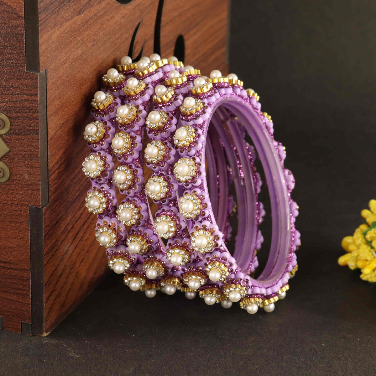 Purple Gold-Tone Kundan & Pearl Stone Work - Set of 4