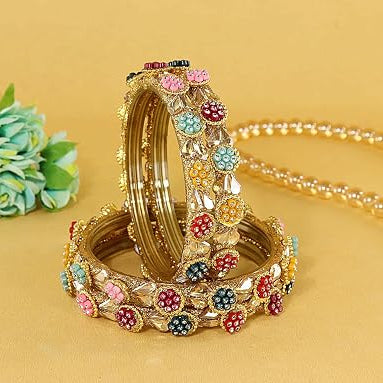 Multicolor Glass Bangle Kundan & Zircon Stone Bangle- Pack of 4