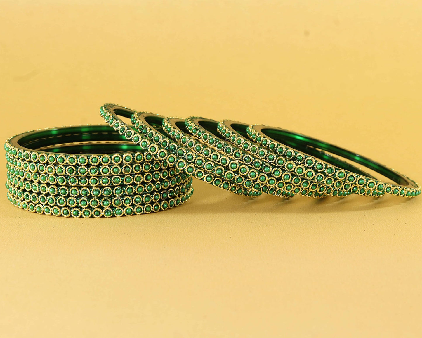 Traditional Glass Bangles Set with Green Moti Work - Pack of 12