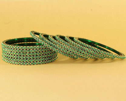 Traditional Glass Bangles Set with Green Moti Work - Pack of 12