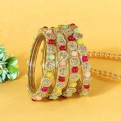 Goldren Glass Bangles Set With Zircon Stone And Kundan Work- Pack of 4