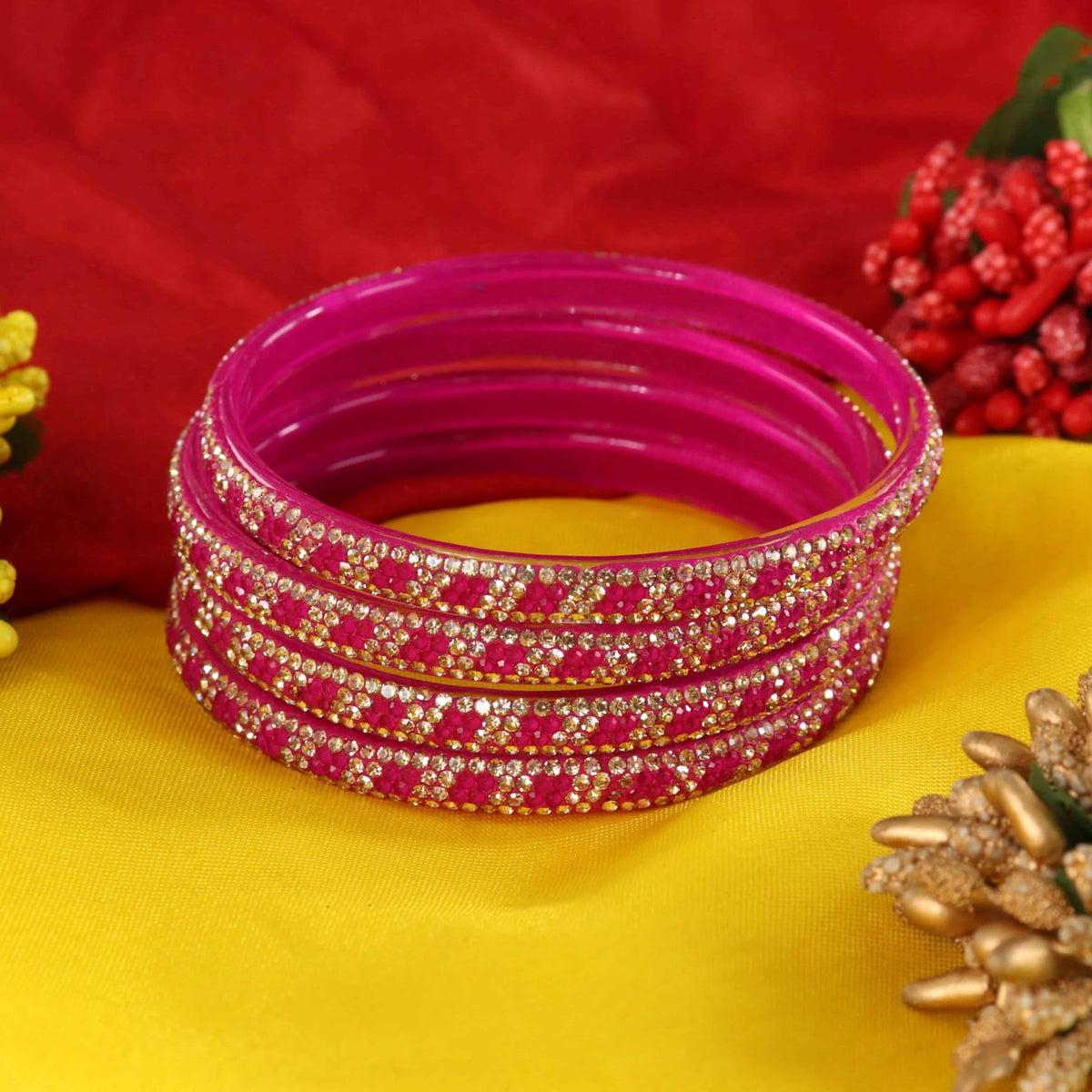 Magenta Premium Stone Studded Kada Set - Set of 4