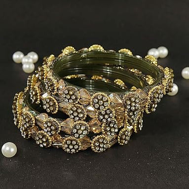 Mehandi Glass Bangle Kundan & Zircon Stone Bangle- Pack of 4