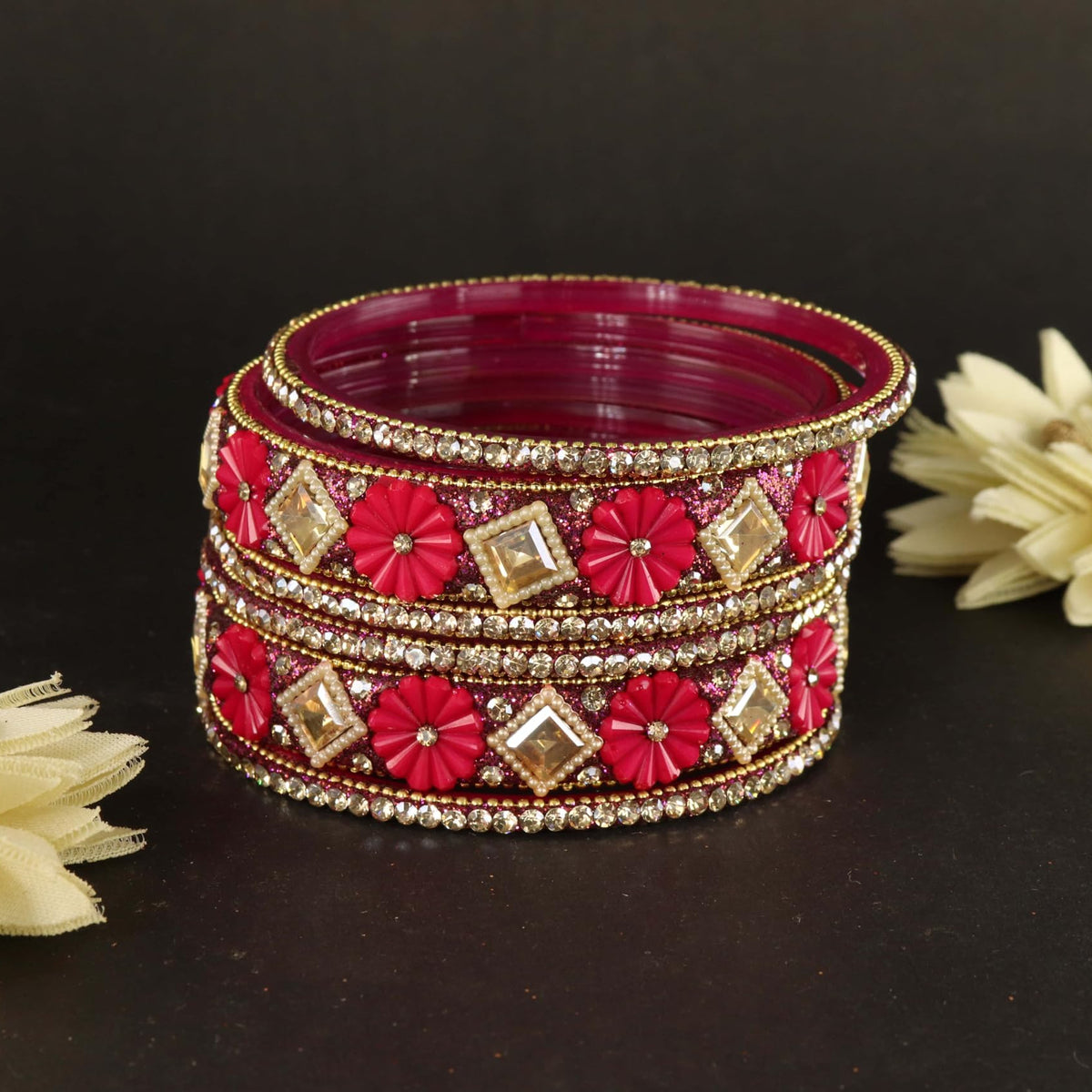 magenta Premium Designer Kundan Stone Floral Kada- Set of 6