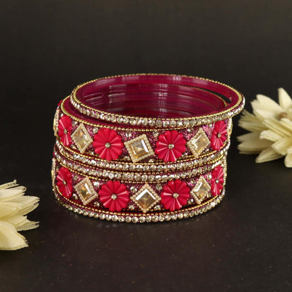 magenta Premium Designer Kundan Stone Floral Kada- Set of 6