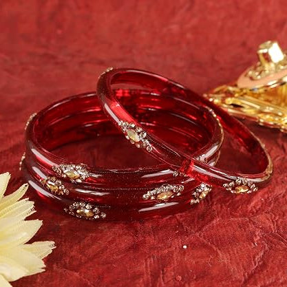 Glass Bangles Set With Crystal-Zircon Stone & Floral Work- Pack of  4