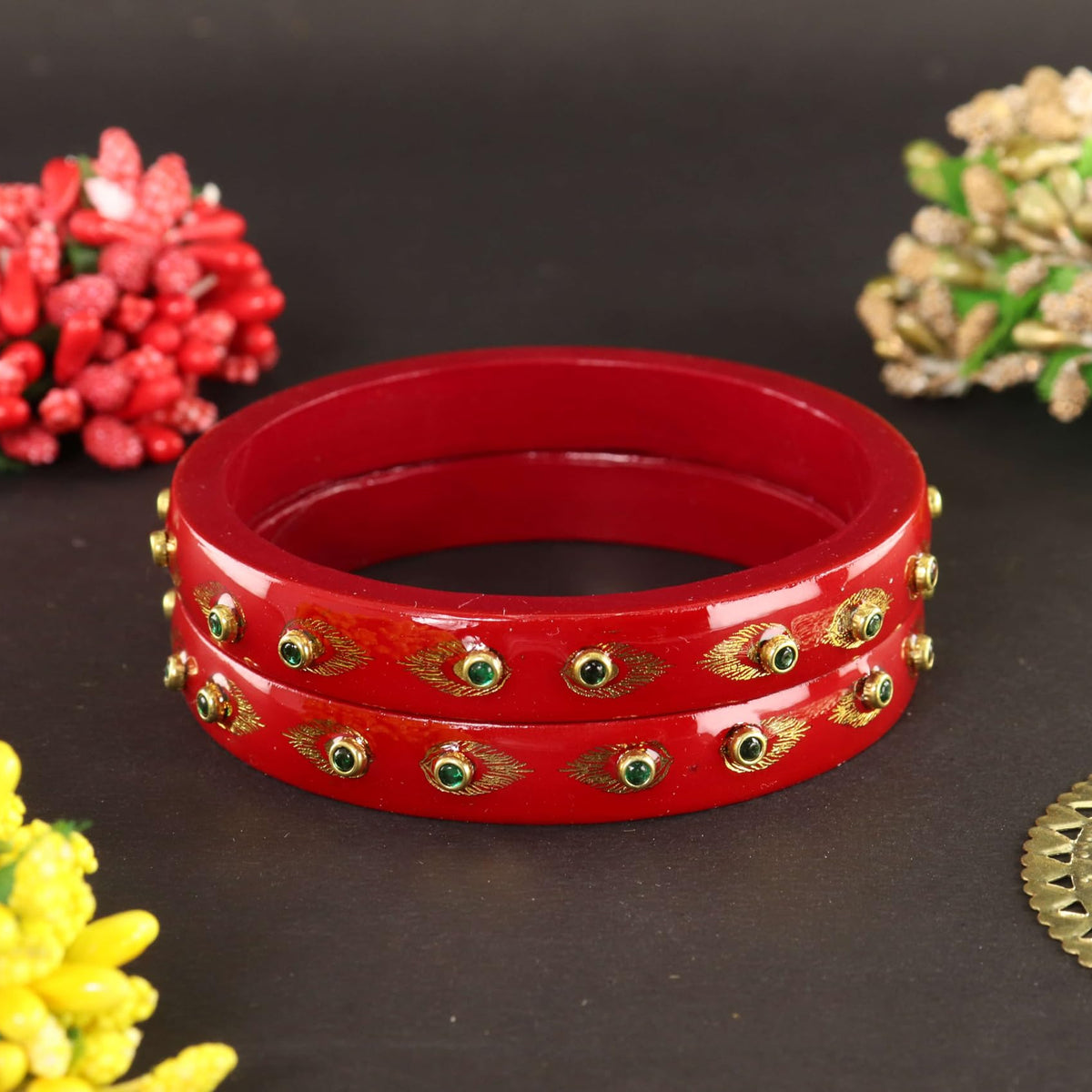 Red Premium Designer Kundan Kada Set - Set Of 2