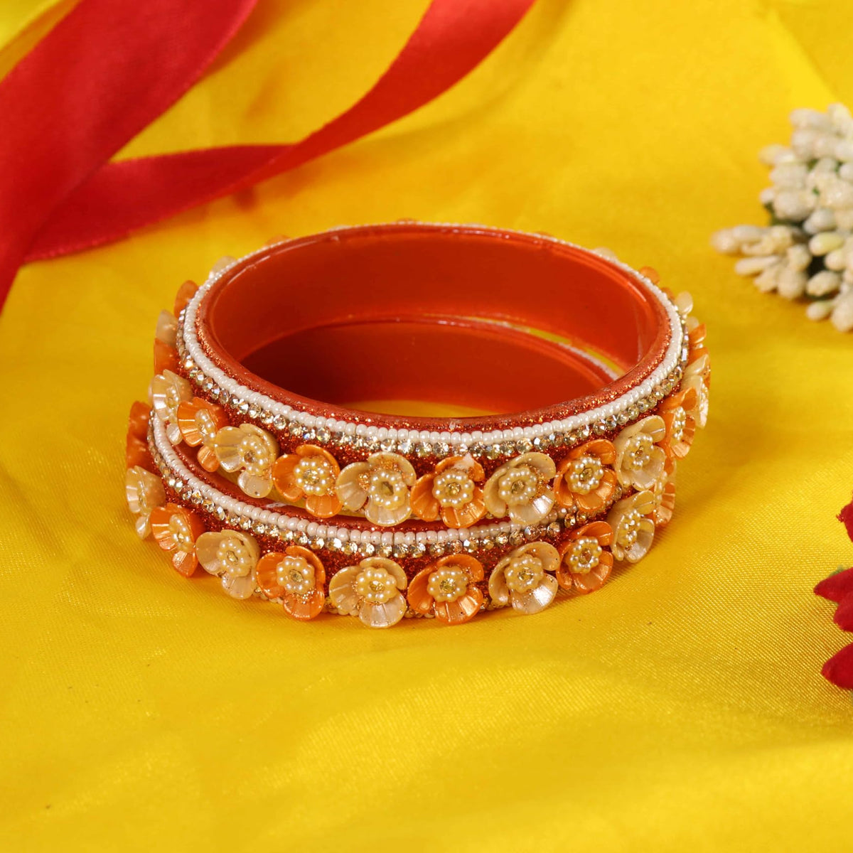 Orange Premium Floral Pearl Studded Kada Set - Set of 2