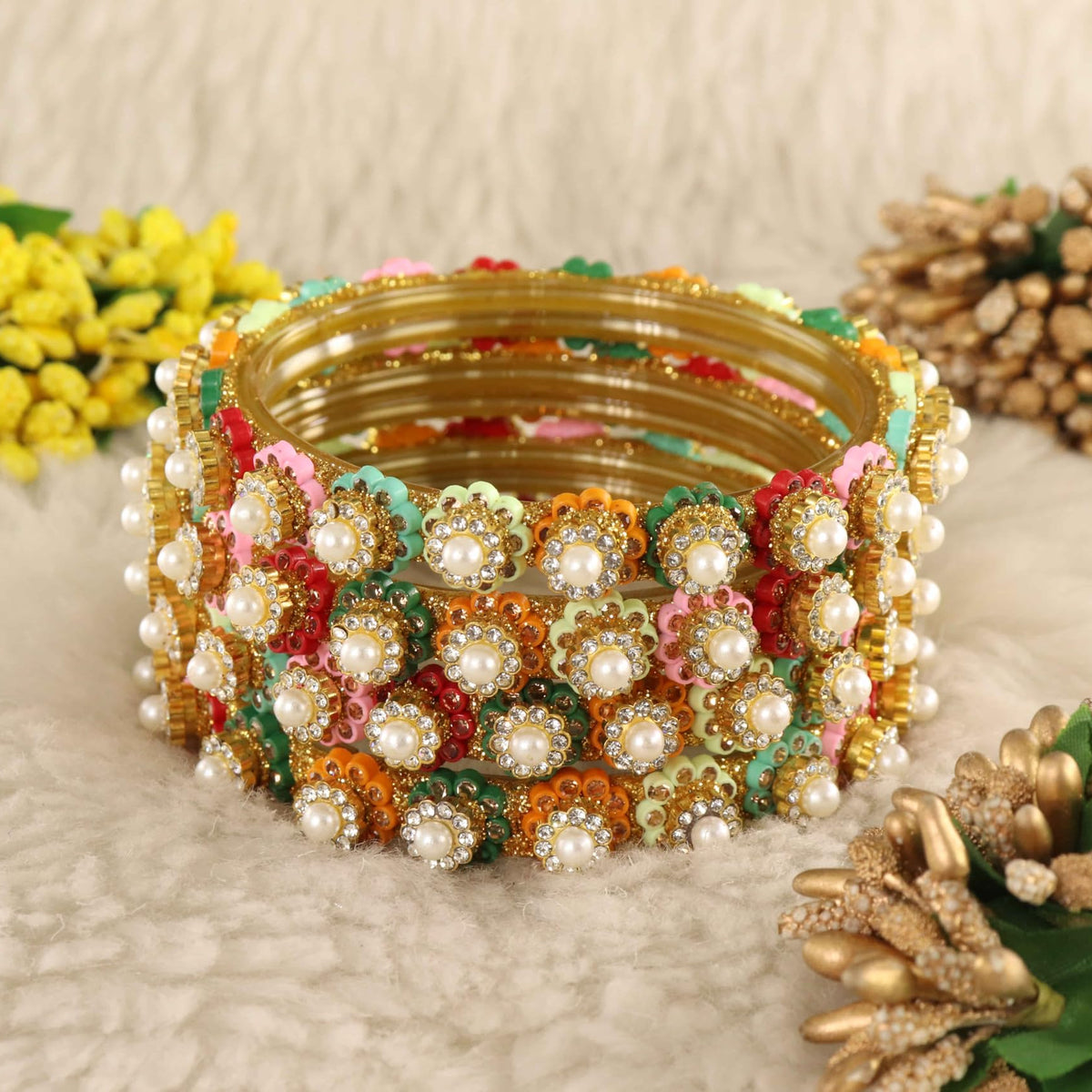 Multi Gold-Tone Kundan & Pearl Stone Work - Set of 4