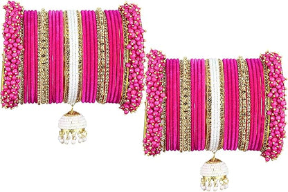 Pink Velvet Bridal Chuda Set with Zircon Stone Work & Pearl Latkan – Elegant Wedding Bangles