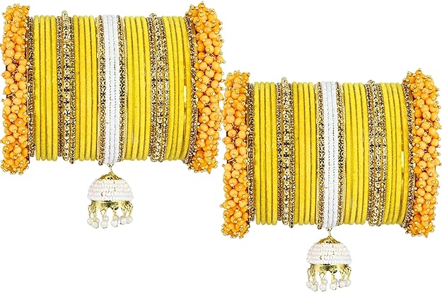 Haldi Special Traditional Velvet Bangles with Pearls & Zircon Stone Latkan | Bridal Chuda Set | Yellow & White-Set of 54