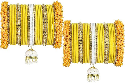 Haldi Special Traditional Velvet Bangles with Pearls & Zircon Stone Latkan | Bridal Chuda Set | Yellow & White-Set of 54