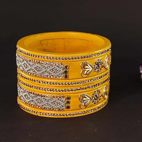 Haldi Gold Splendor: Lakh Luxe Yellow Bangle Set (6-PC) with Kundan & Pearl