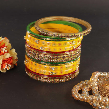 RGY Designer Bridal Gold Floral & Stone Bangle Set - Pack Of 12