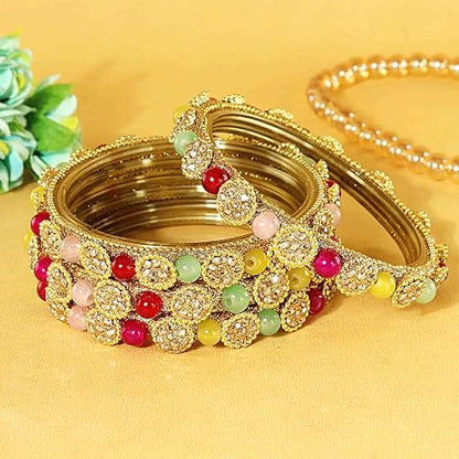 Goldren Glass Bangles Set With Zircon Stone And Kundan Work- Pack of 4