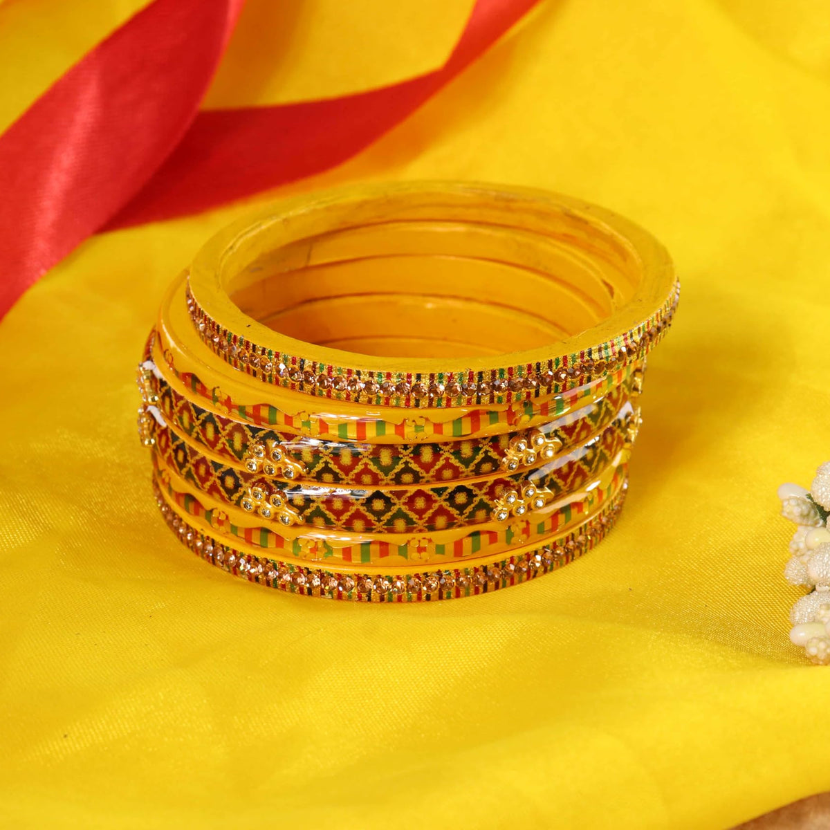 Yellow Gold-Tone Embellished Traditional Bangles - Set of 12