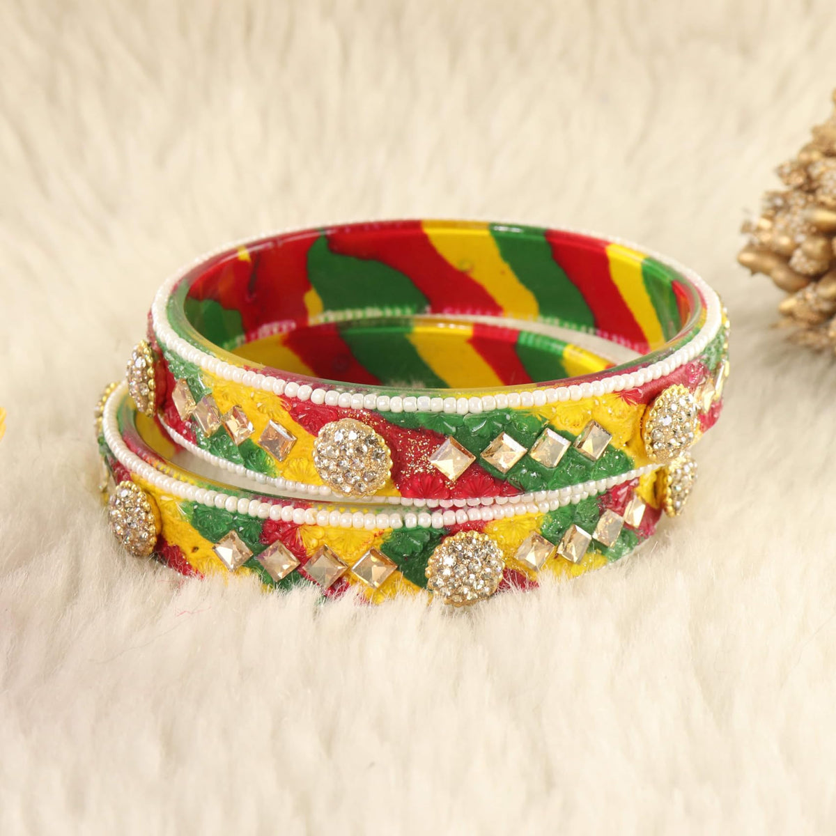 Multi Floral Embossed Pattern with Square Stone Kada- Set of 2